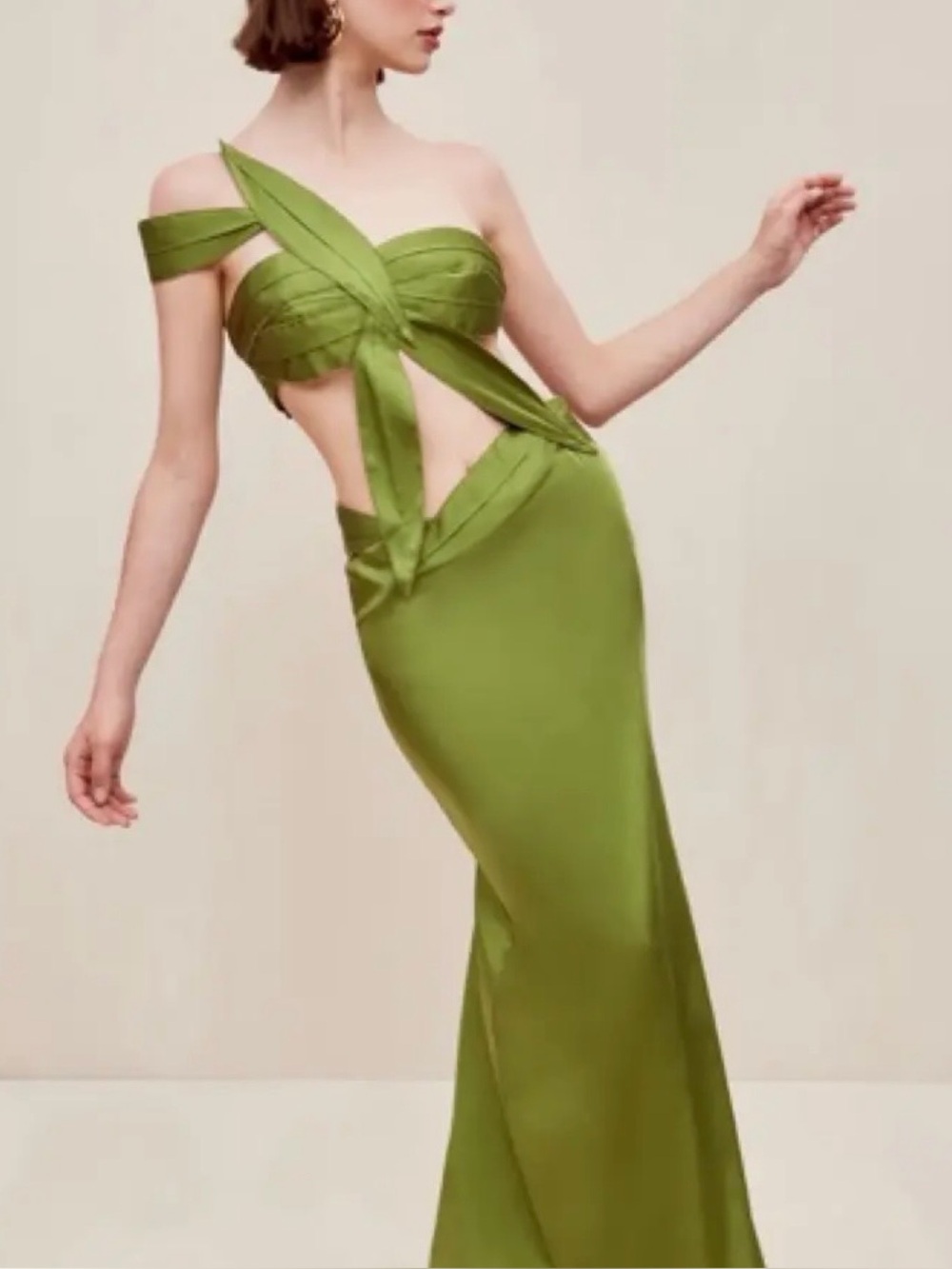 cult gaia Olive Green Satin Cutout Maxi Dress